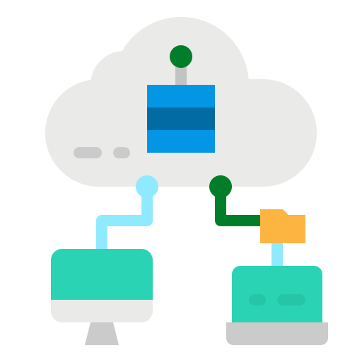 Icono de una nuve y 2 computadoras, con colores llamativos